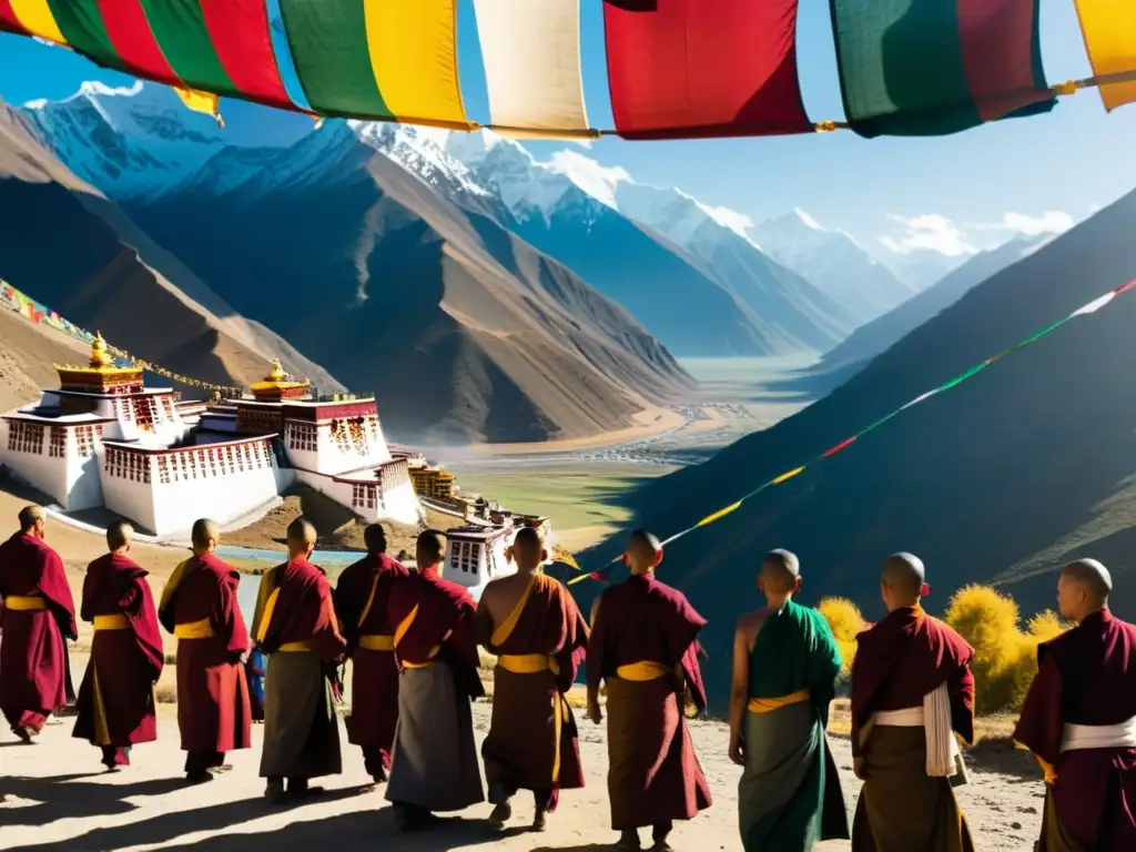 Monasterio tibetano en el Himalaya con banderas de oración y monjes en ceremonia, capturando el legado de Kublai Khan en Tíbet