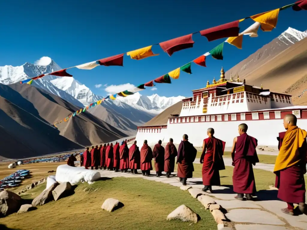 Monasterio tibetano budista rodeado de montañas del Himalaya, legado cultural de los mongoles