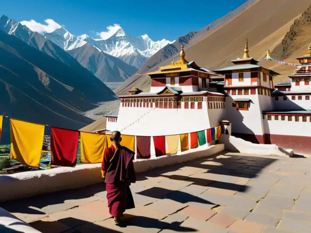 Monasterio tibetano decorado, rodeado por picos nevados del Himalaya