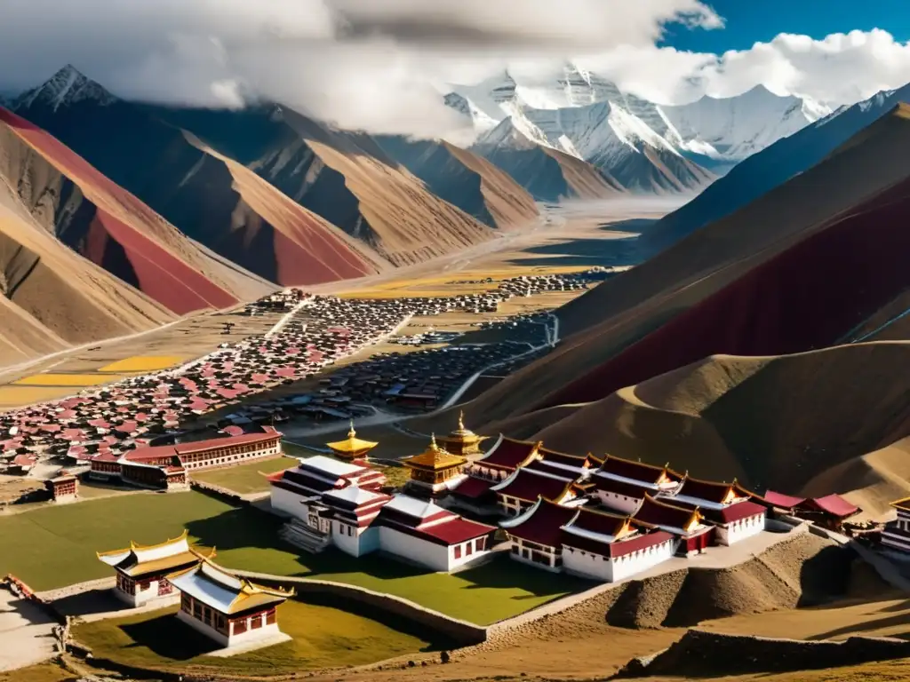 Monasterio tibetano con influencia mongola en descendientes Genghis, rodeado de imponentes montañas nevadas y una serena atmósfera