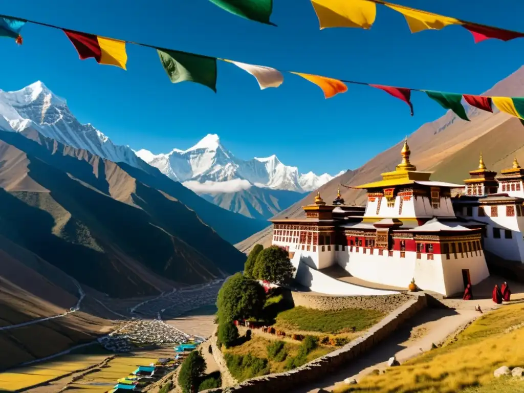 Monasterio tibetano vibrante en las montañas del Himalaya, influencia cultural Imperio Mongol