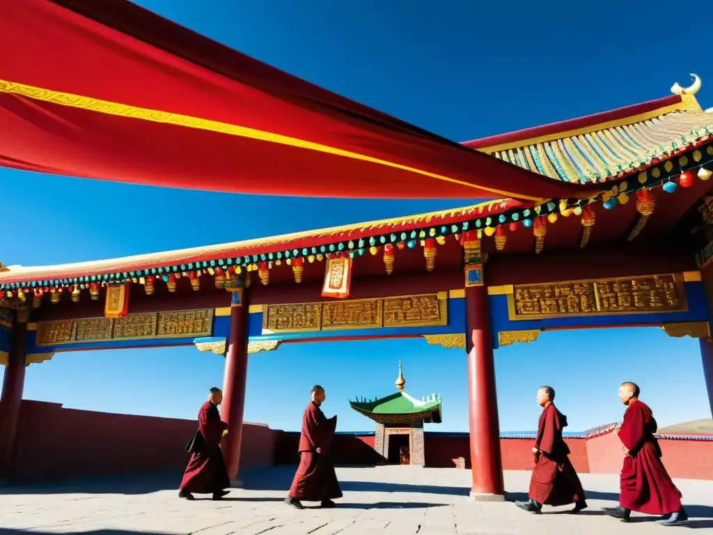 Monasterio Gandantegchinlen en Ulaanbaatar, Mongolia: resurgimiento del Budismo en Mongolia, con monjes y banderas de oración