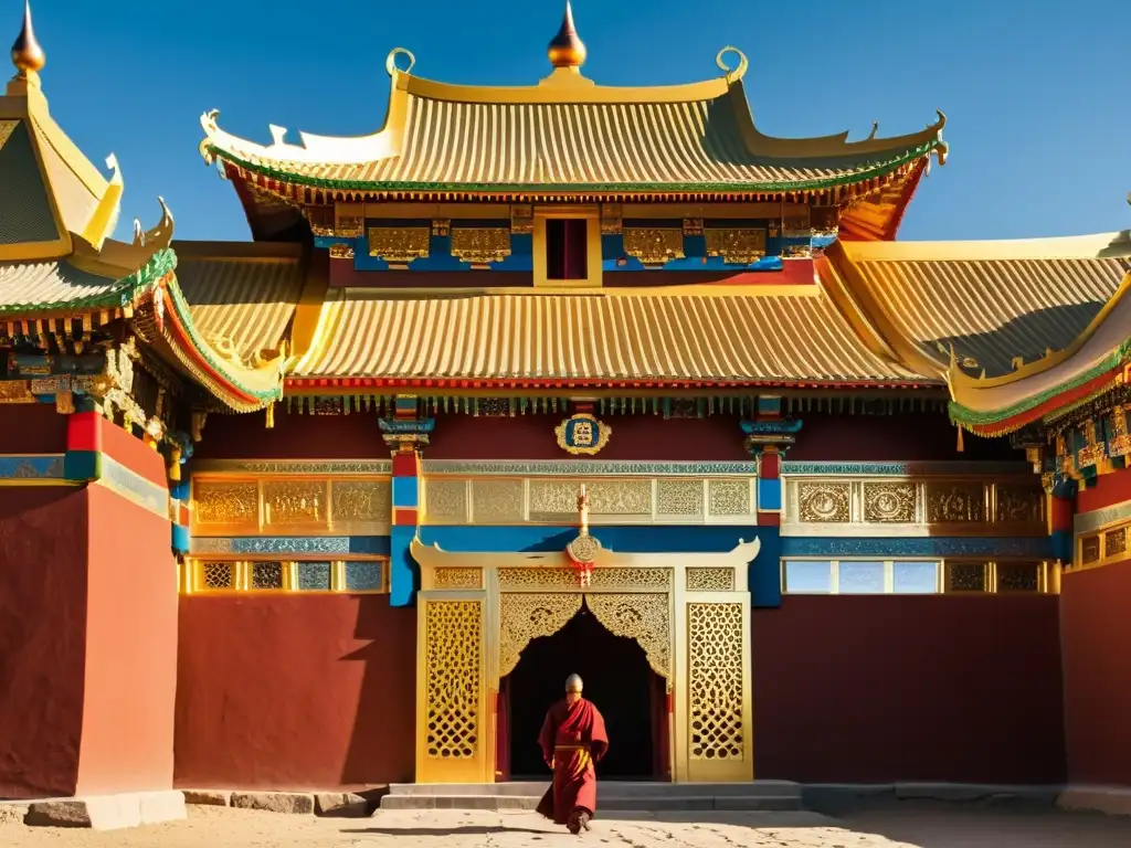 Baldan Bereeven Monastery en Mongolia, con detalles arquitectónicos, monjes y paisaje sereno