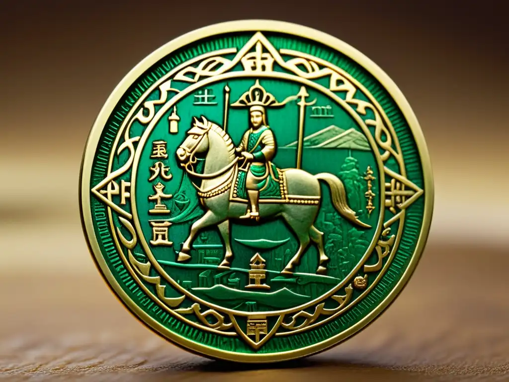 Moneda y economía Imperio Mongol: Detallada moneda mongola del siglo XIII con Genghis Khan y símbolos tradicionales, en la Ruta de la Seda