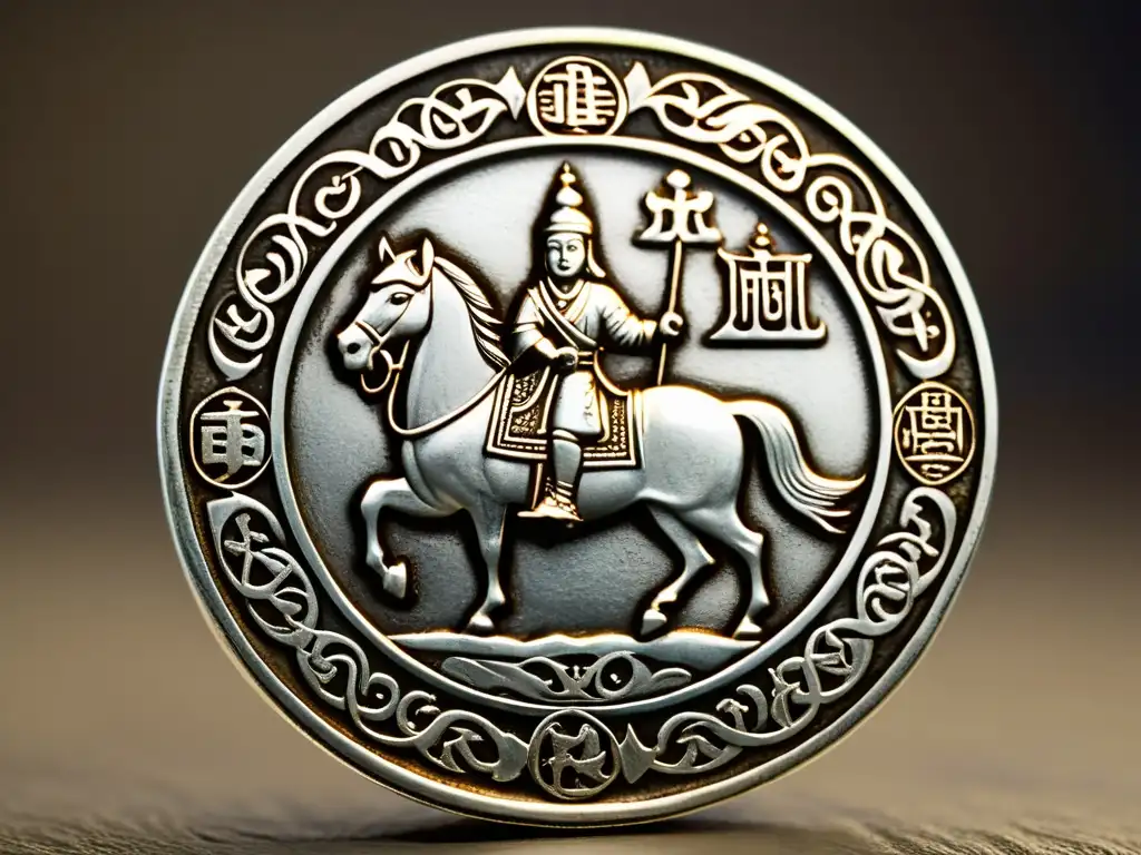 Una moneda mongol del siglo XIII bien conservada brilla bajo la suave luz natural, mostrando grabados de Genghis Khan y símbolos tradicionales