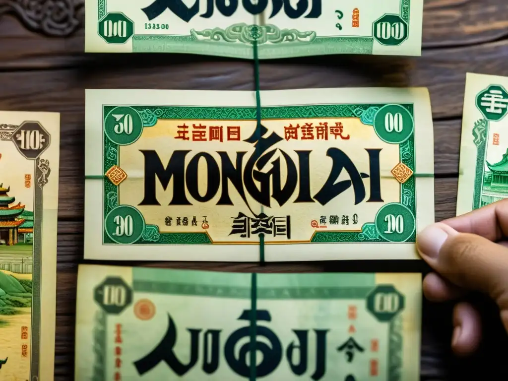 Moneda papel impacto mongol: Representación detallada de moneda mongola del siglo XIII y escenas comerciales antiguas