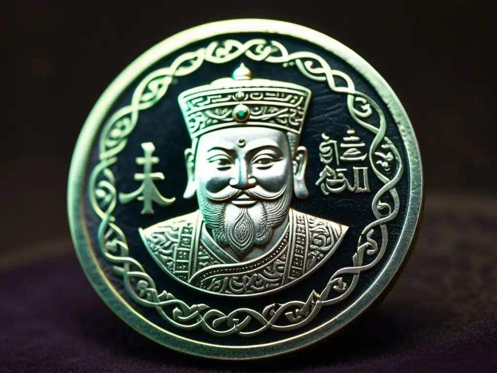 Moneda de plata Mongol Ilkhanate con inscripciones árabes, retrato de Ghazan Khan, sobre terciopelo oscuro