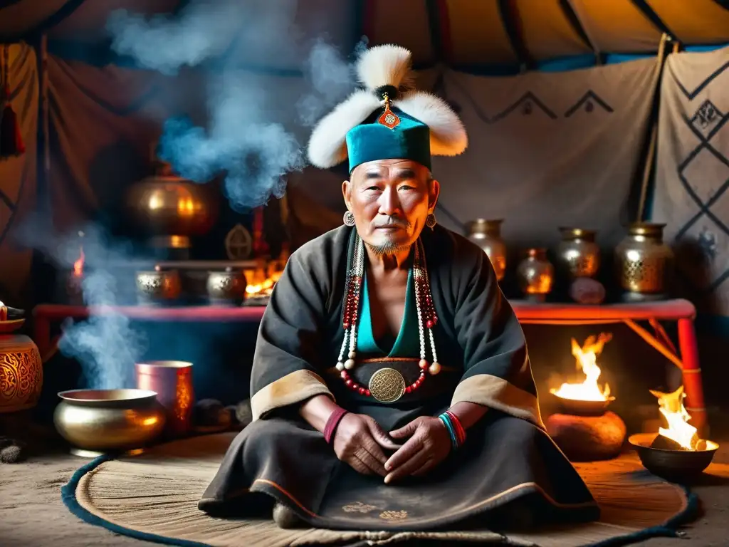 Un chamán mongol anciano realiza un ritual en una yurta iluminada por el fuego, exudando la esencia del chamanismo en Mongolia contemporáneo