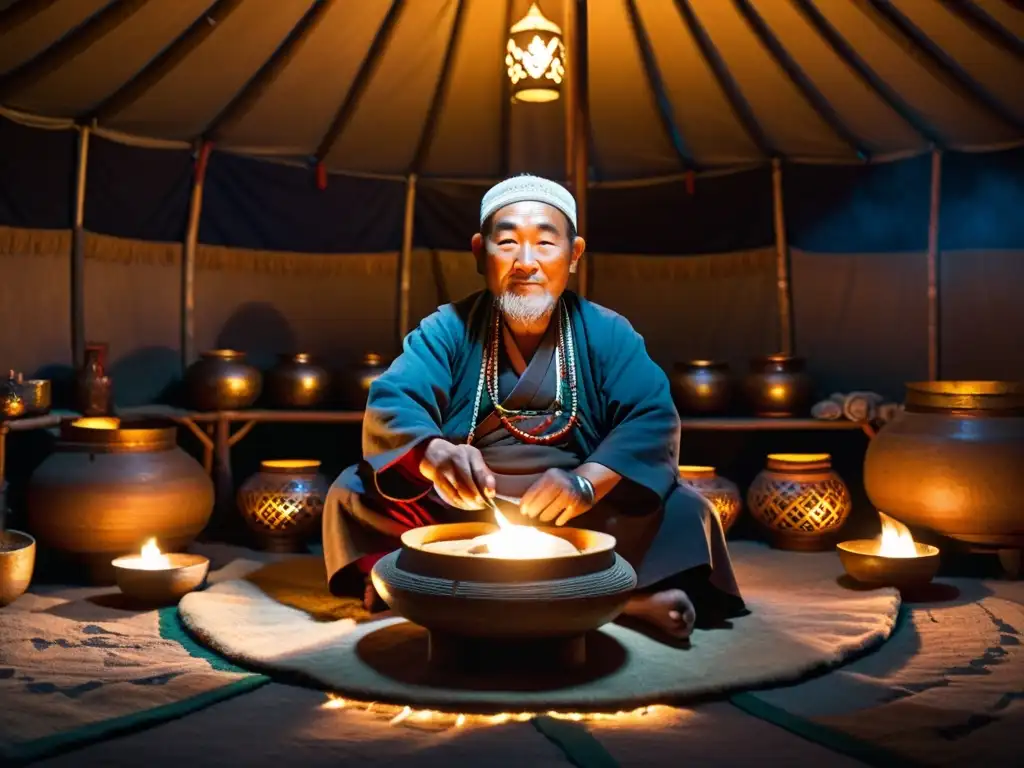 Un chamán mongol anciano realiza rituales con alimentos en una yurta iluminada por velas