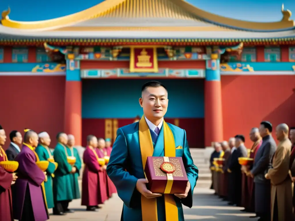 Mongol embajador en atuendo tradicional frente a templo budista, en ceremonia con líderes religiosos y delegados políticos