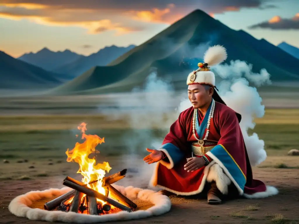 Mongol shaman espiritualidad ritual fuego paisaje estepa danza vestimenta tradicional