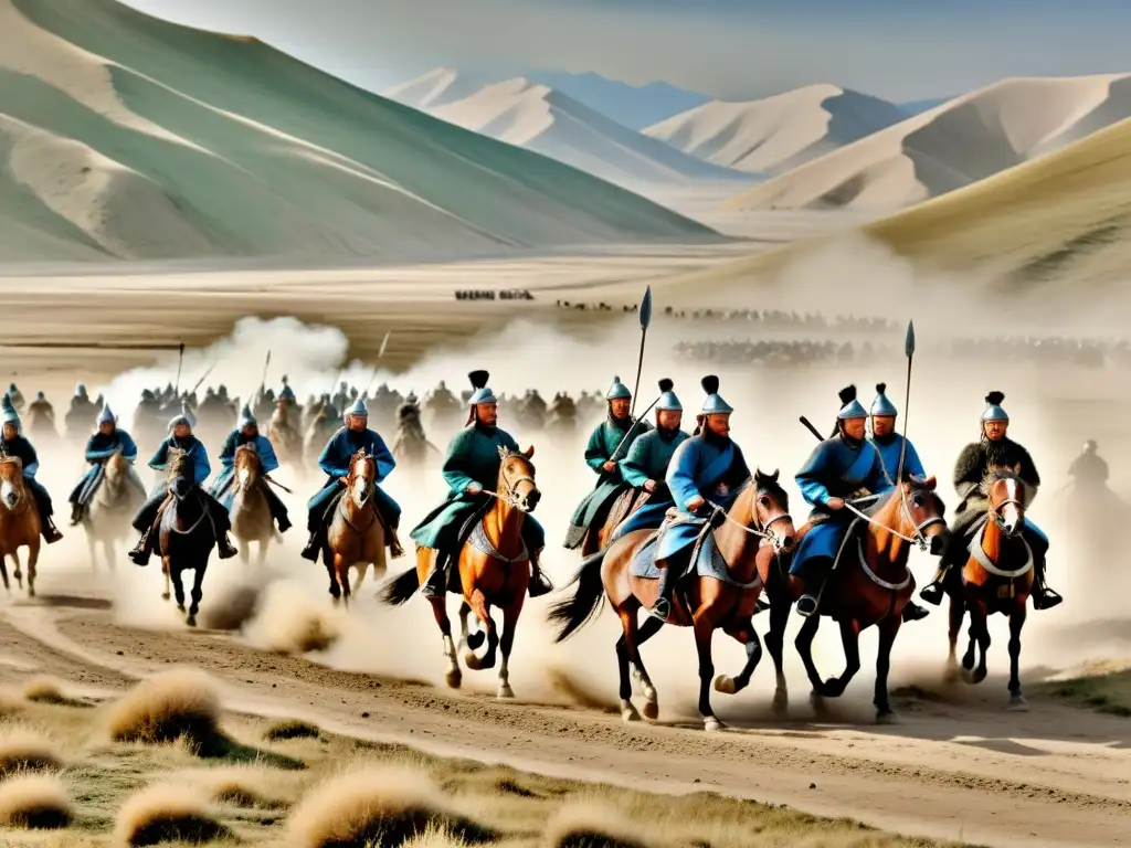 Mongol army executing a well-coordinated táctica de retirada en batalla, con determinación y estrategia en terreno accidentado