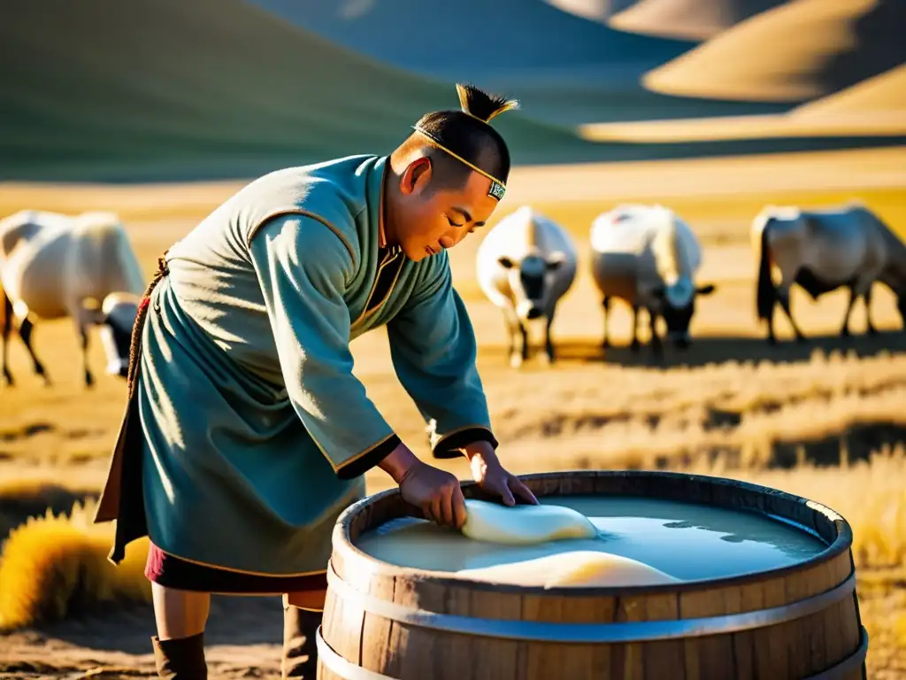 Mongol nomad pouring mare's milk into wooden barrel, elaborating national drink of Mongol Empire amid vast steppe