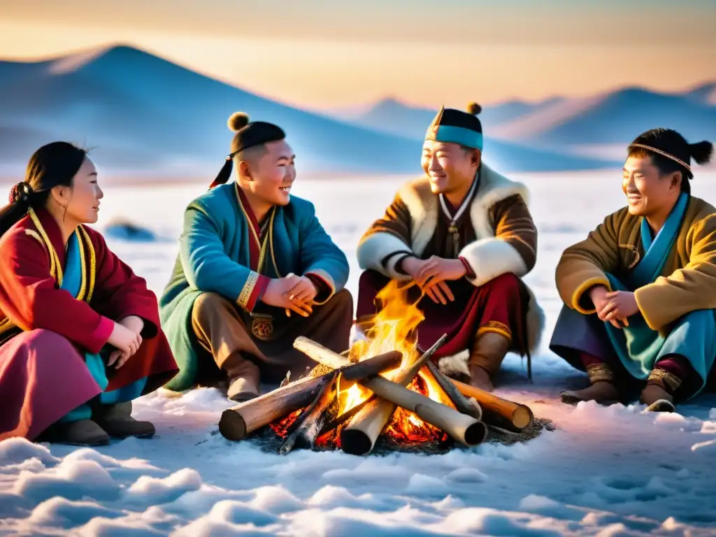 Mongol nomads celebrando el Año Nuevo Lunar con música y baile alrededor de una fogata en la estepa cubierta de nieve