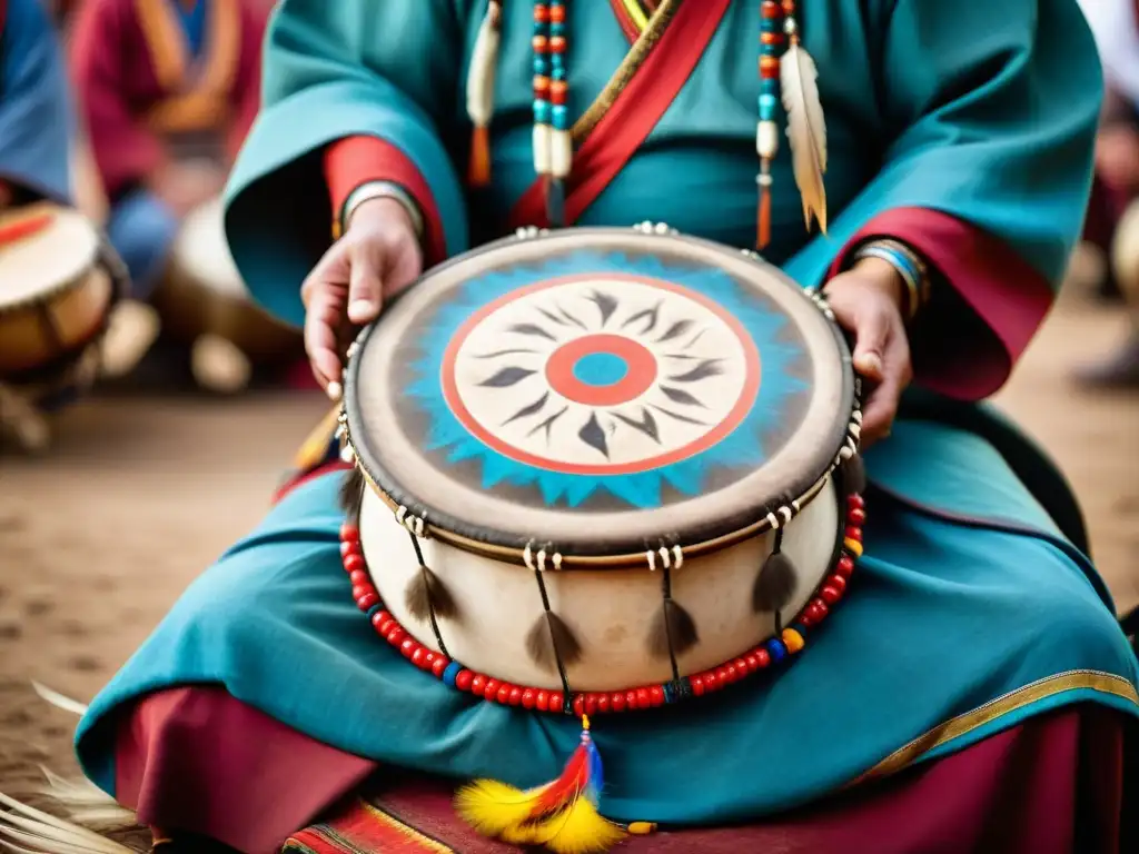 Un chamán mongol toca un tambor en un ritual, rodeado de símbolos chamánicos y plumas coloridas, con una atmósfera mística y cálida