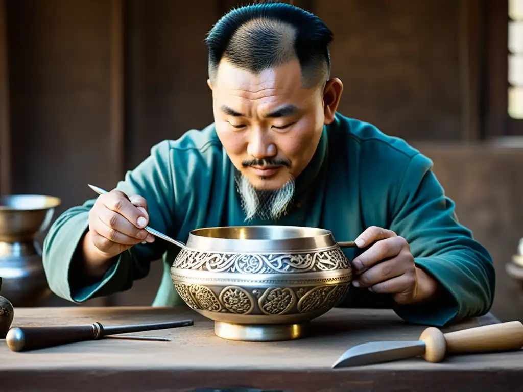 Orfebrería mongola: artesano milenario elaborando un detallado cuenco de plata con técnicas tradicionales en un taller histórico