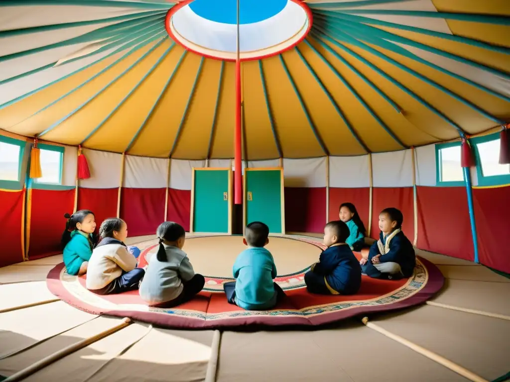 Una yurta mongola convertida en aula portátil, con patrones tradicionales y niños aprendiendo con entusiasmo