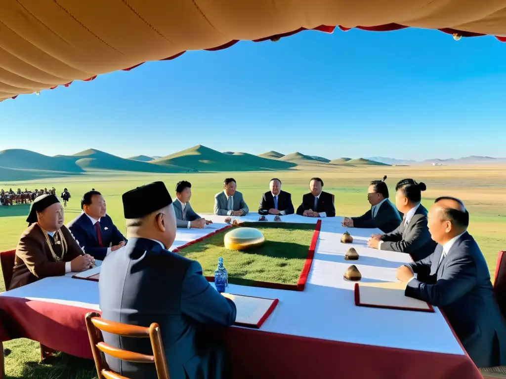 Reunión diplomática mongola estrategias imperio en la vasta estepa, bajo cielo azul y yurtas al fondo