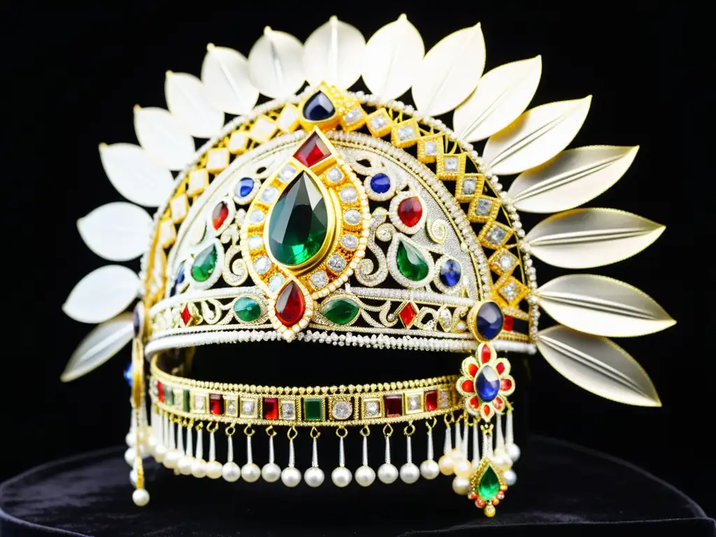 Orfebrería mongola técnicas ancestrales: Detalle impresionante de headdress mongol en oro y plata, incrustado con gemas preciosas y filigrana delicada