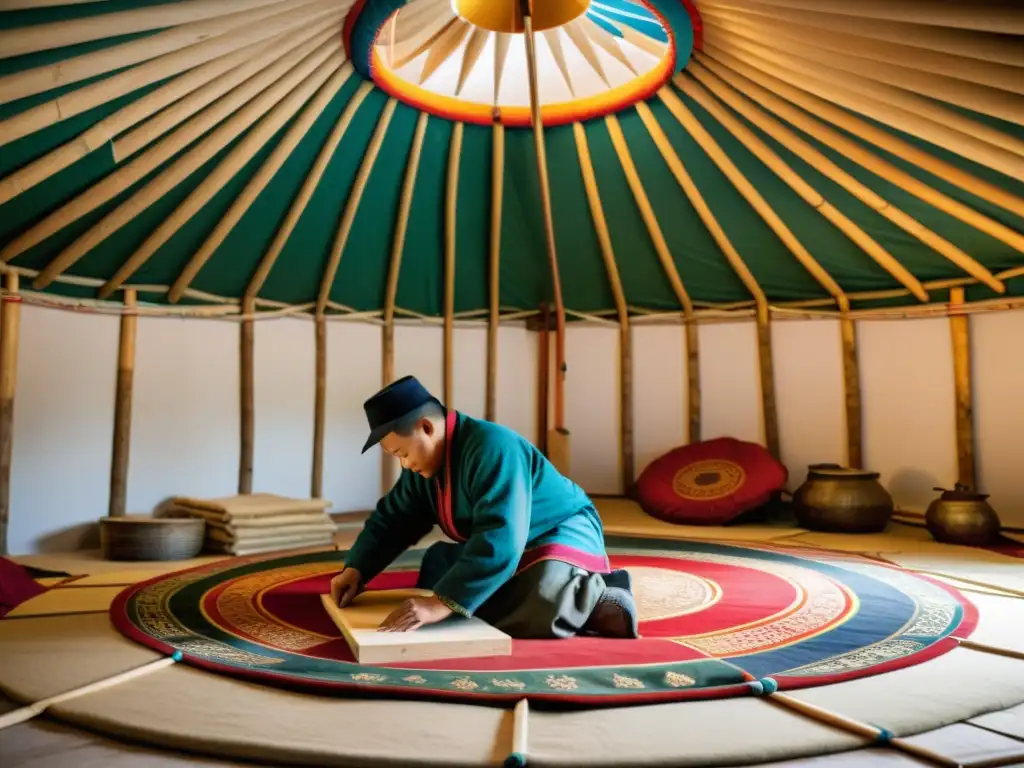 Fabricación de yurts mongolas: artesanía ancestral en la construcción de una yurta tradicional, resaltando técnicas milenarias y detalles coloridos