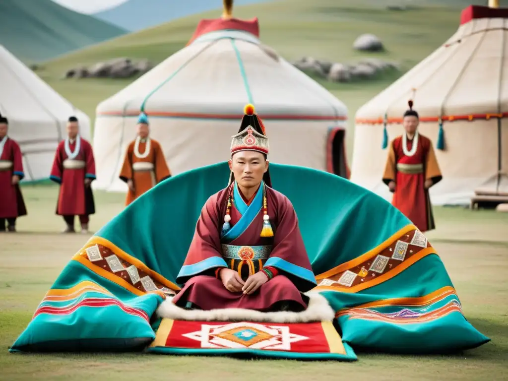 Shamans mongolas realizando un ritual con textiles bordados en paisaje montañoso