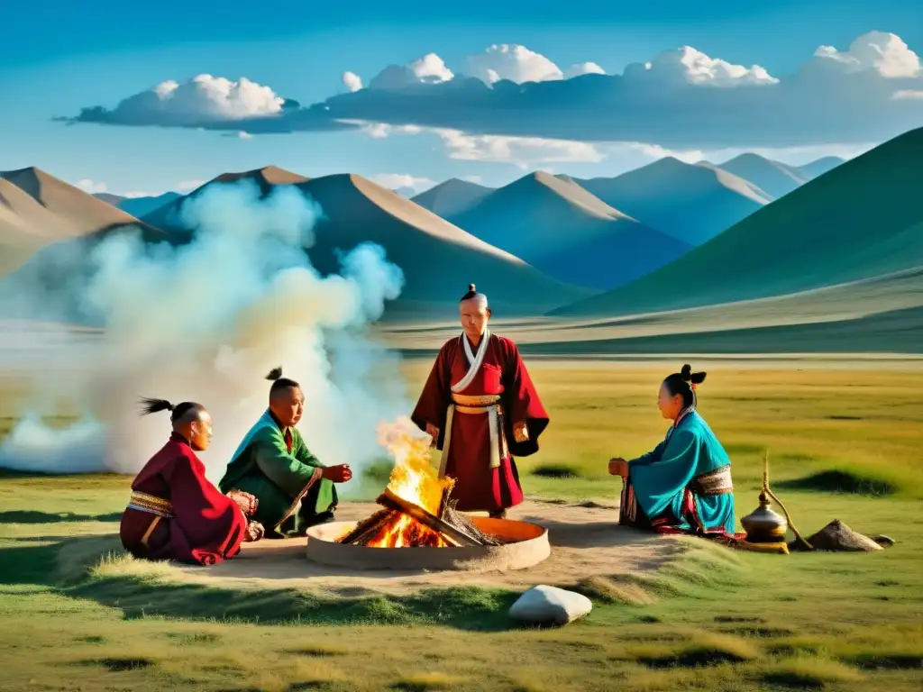 Mongolia: Importancia del Tengrismo en una ceremonia tradicional bajo el cielo abierto, rodeada de vastas praderas y montañas distantes