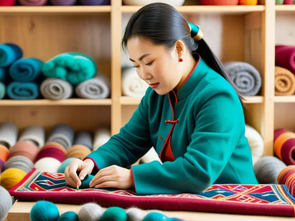 Mongolian artisans creando artesanías tradicionales de la diáspora mongola con lana colorida, mostrando orgullo y destreza artesanal