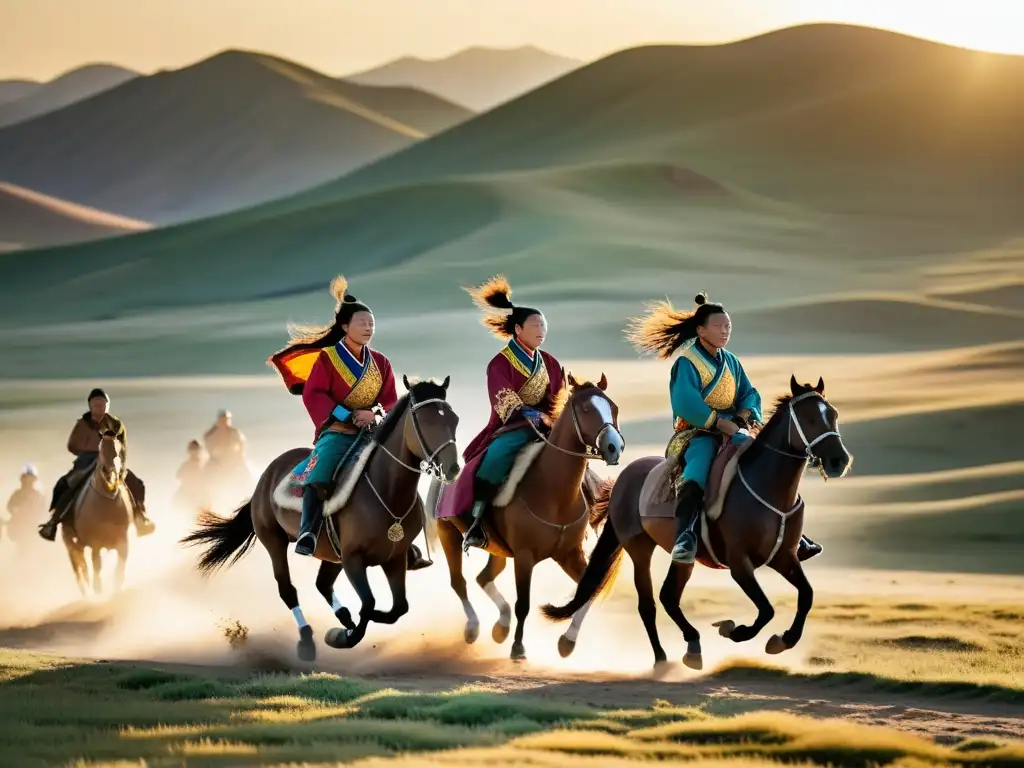 Mongolian horseback riders galopando al atardecer en la estepa, evocando la poesía mongola en la historia