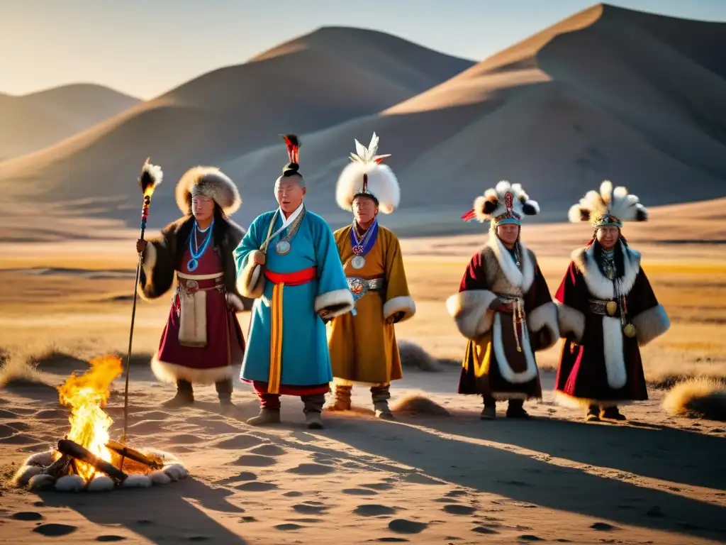 Mongolian shamans realizan un ritual tradicional al atardecer en la estepa mongola, evocando el Chamanismo en Mongolia contemporáneo