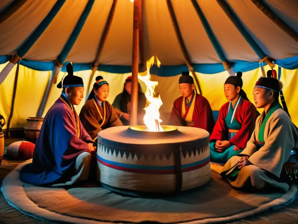 Mongolian shamans performing a traditional ritual inside a yurt, creating a mystical atmosphere with flickering candlelight and colorful costumes