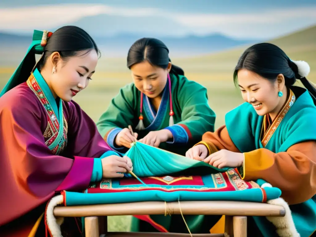 Mongolian artisans creando vestimentas tradicionales con bordados y patrones coloridos en la estepa mongola