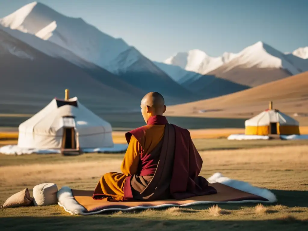 Un monje budista meditando frente a un paisaje mongol, con una yurta y banderas de oración