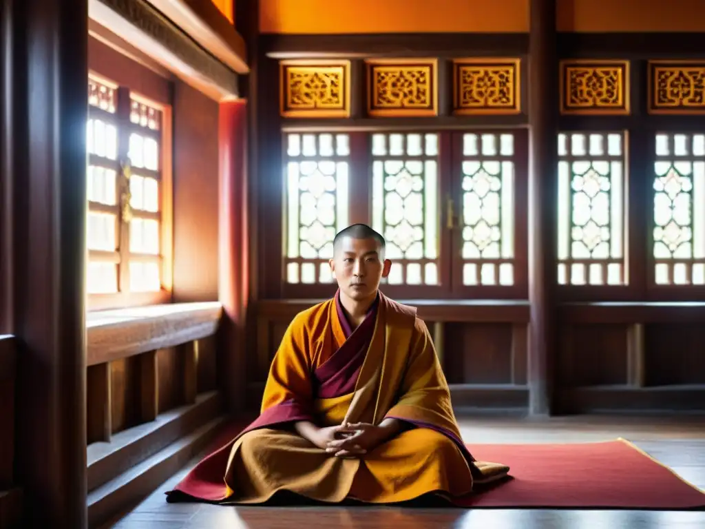 Monje budista en meditación, iluminado por luz solar en templo tibetano