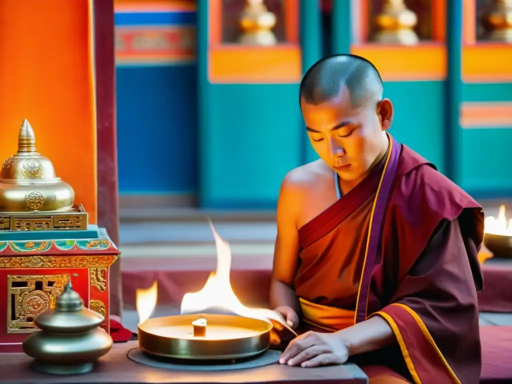 Un monje budista en un templo mongol, rodeado de arte religioso y velas, reflejando el sincretismo religioso en territorios mongoles