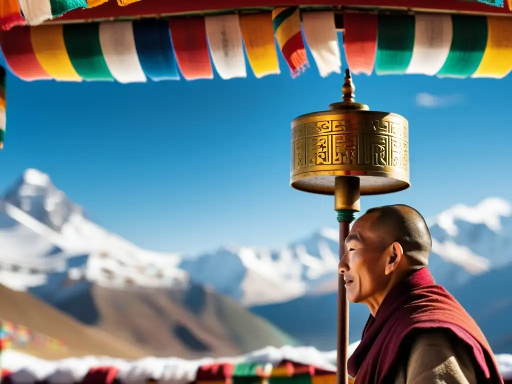 Un monje gira una rueda de oración tibetana ante una montaña nevada