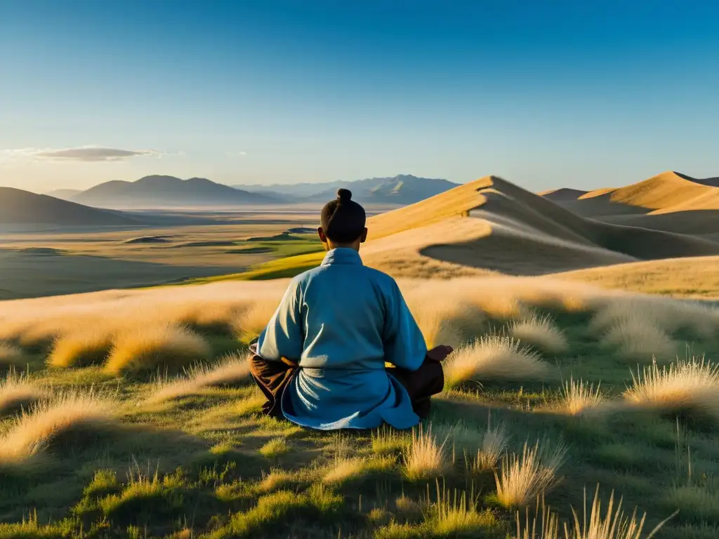 Un monje medita en las vastas llanuras doradas de Mongolia, conectando con la energía atemporal del paisaje