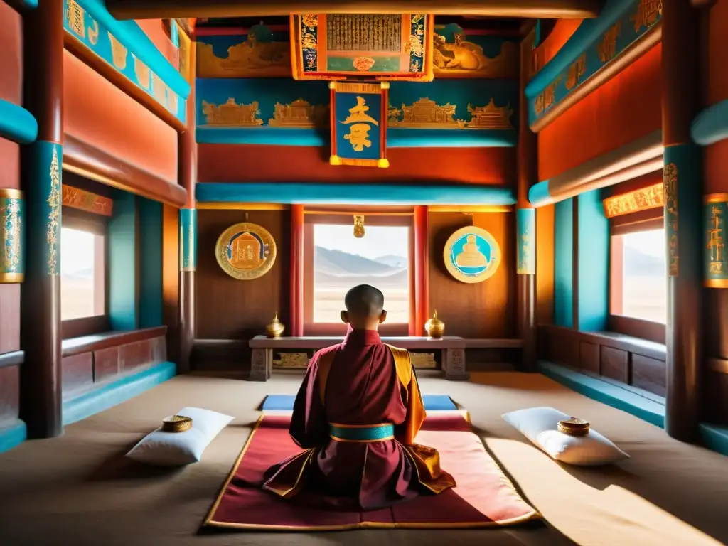 Monjes meditando en un antiguo templo mongol, con pinturas y decoraciones intrincadas