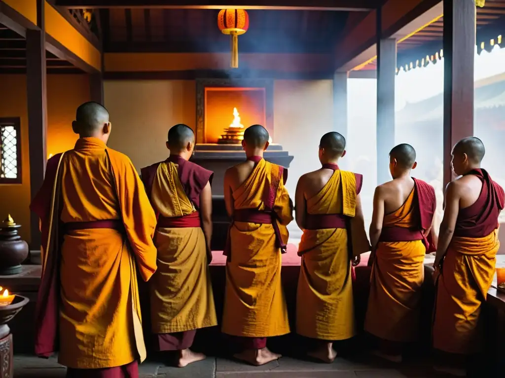 Monjes budistas en saffron en antiguo templo de Mongolia con prácticas espirituales