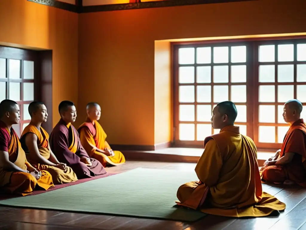 Monjes budistas en meditación al amanecer en un monasterio de Mongolia