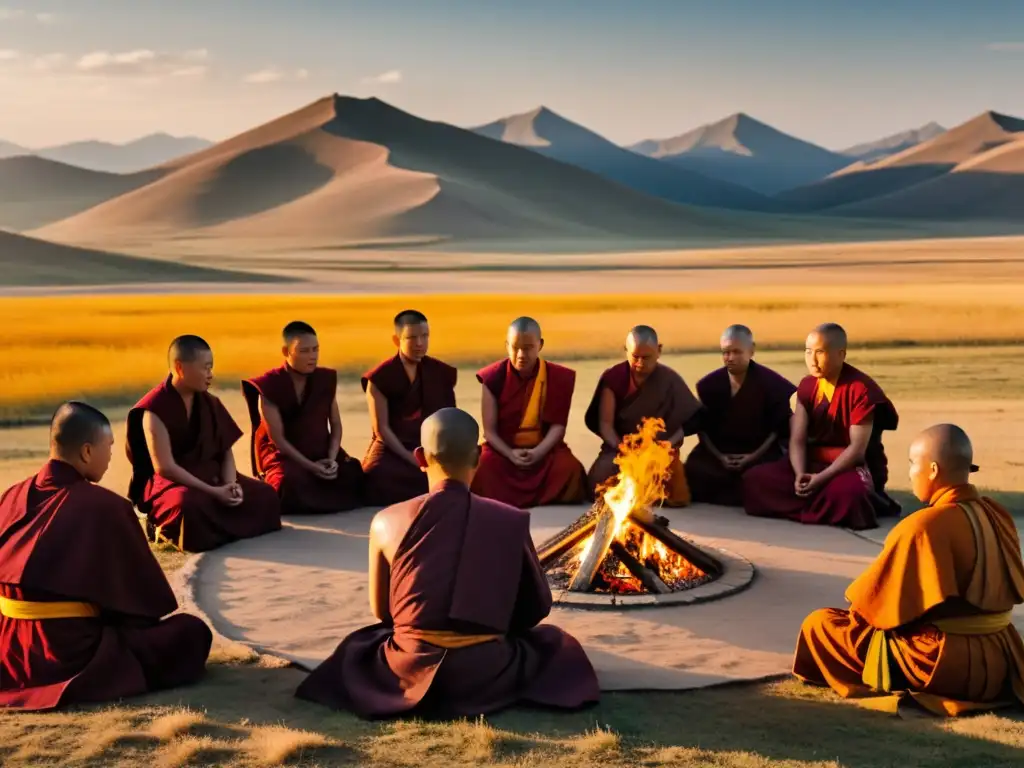 Monjes budistas mongoles rezan alrededor de una hoguera en la tranquila estepa de Mongolia