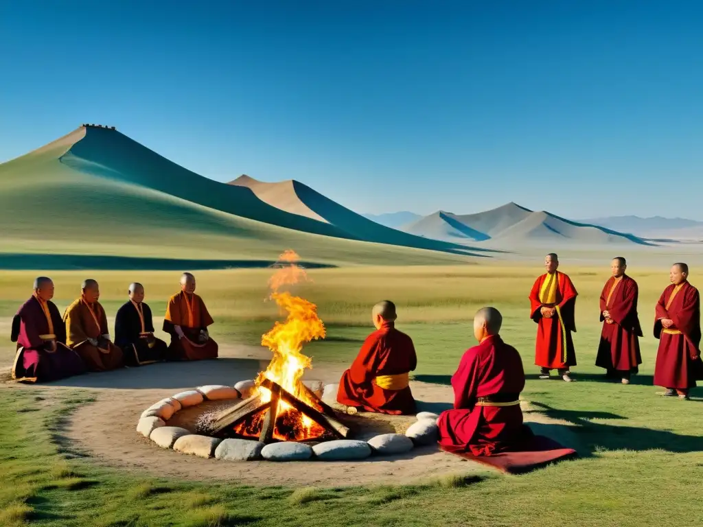 Monjes budistas realizan rituales junto a un gran fuego ceremonial en las estepas de Mongolia, durante los festivales budistas en Mongolia