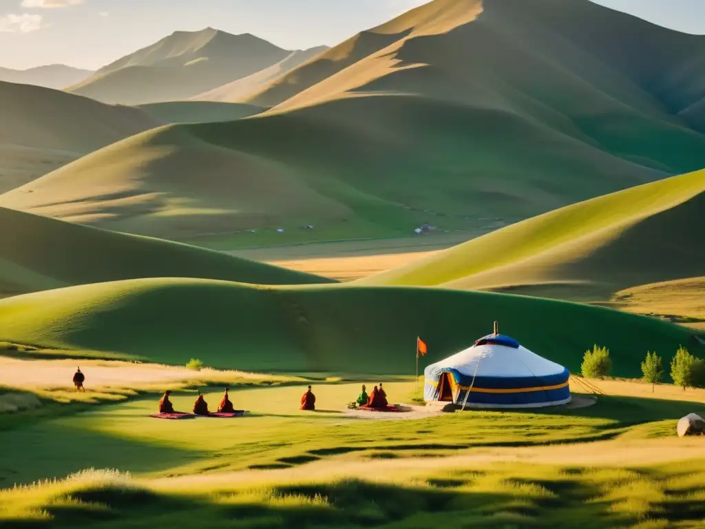 Yurta tradicional mongola con monjes budistas en meditación, rodeados de banderas de oración en las verdes colinas de Mongolia