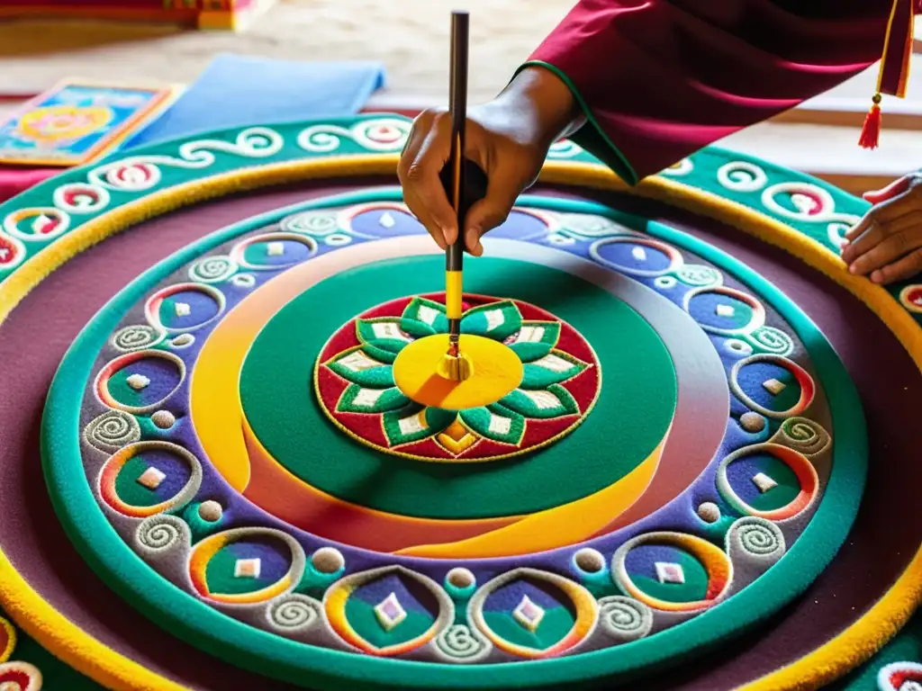 Monjes crean un mandala de arena en templo de Mongolia, reflejando devoción y tradiciones espirituales, resonancia enseñanzas Dalái Lama Mongolia