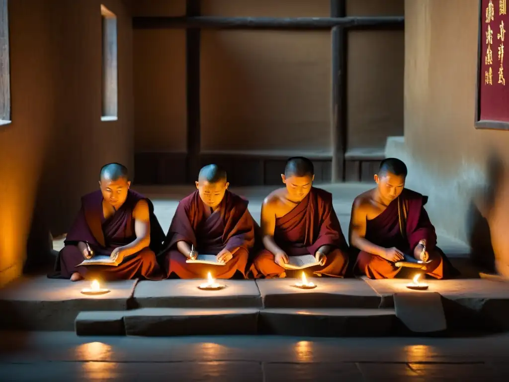 Monjes mongolas preservan la lengua ancestral, escribiendo en un templo iluminado por velas