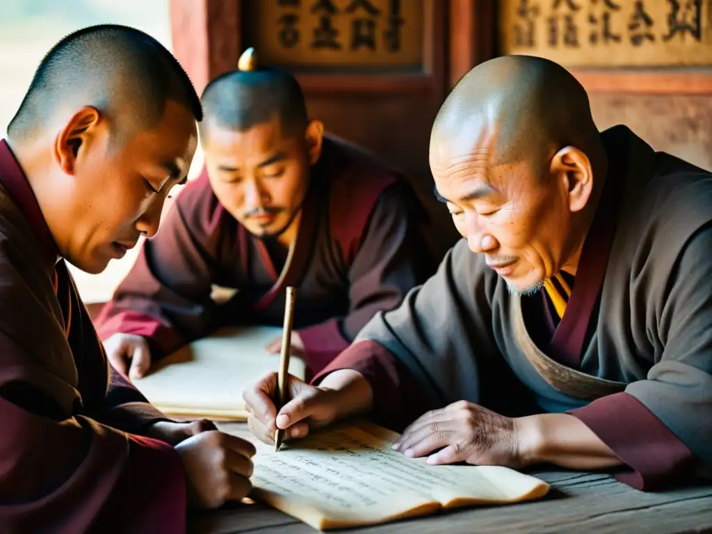 Monjes mongolas preservan su lengua ancestral con devoción, escribiendo en un templo iluminado por velas