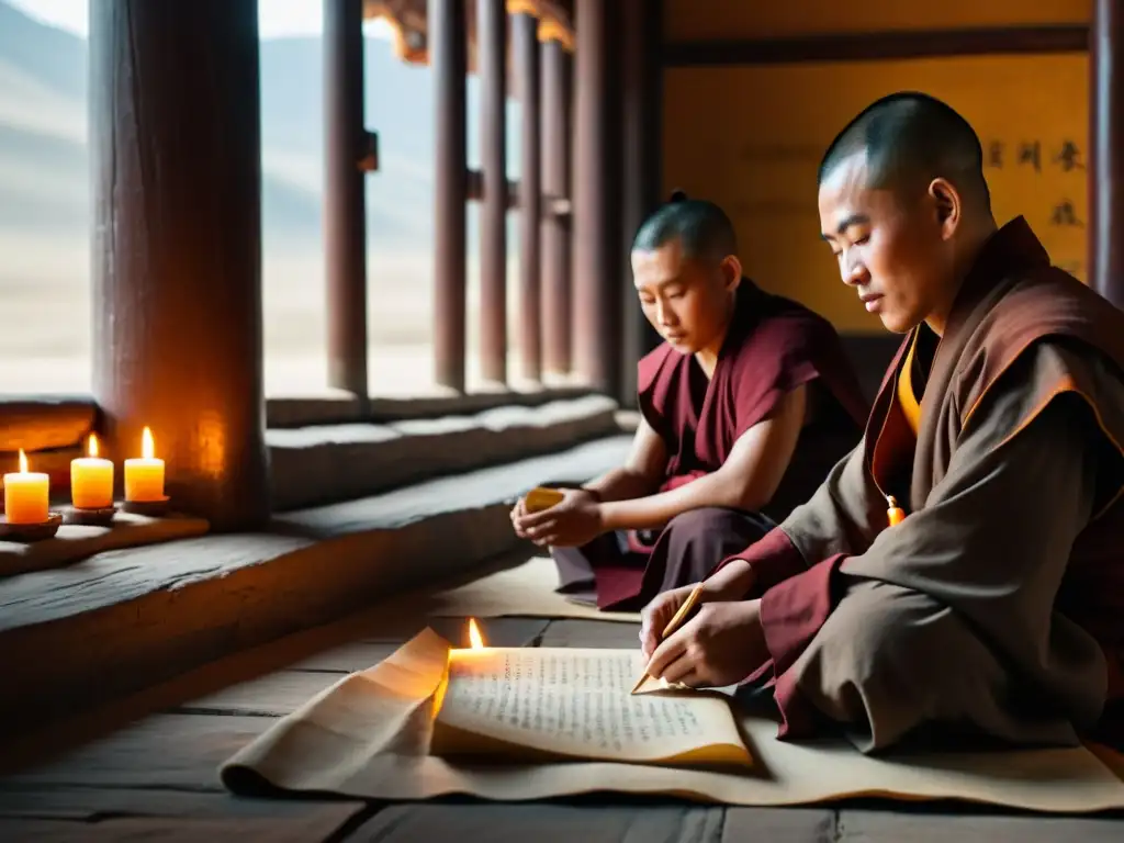 Monjes mongolas preservan su lengua ancestral al transcribir antiguos textos en un templo iluminado por velas