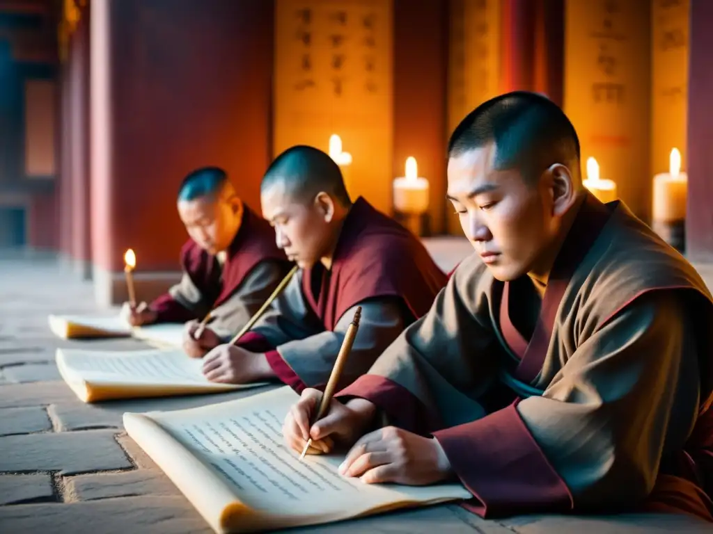 Monjes mongolas preservan lengua con escritura sagrada en templo iluminado por velas