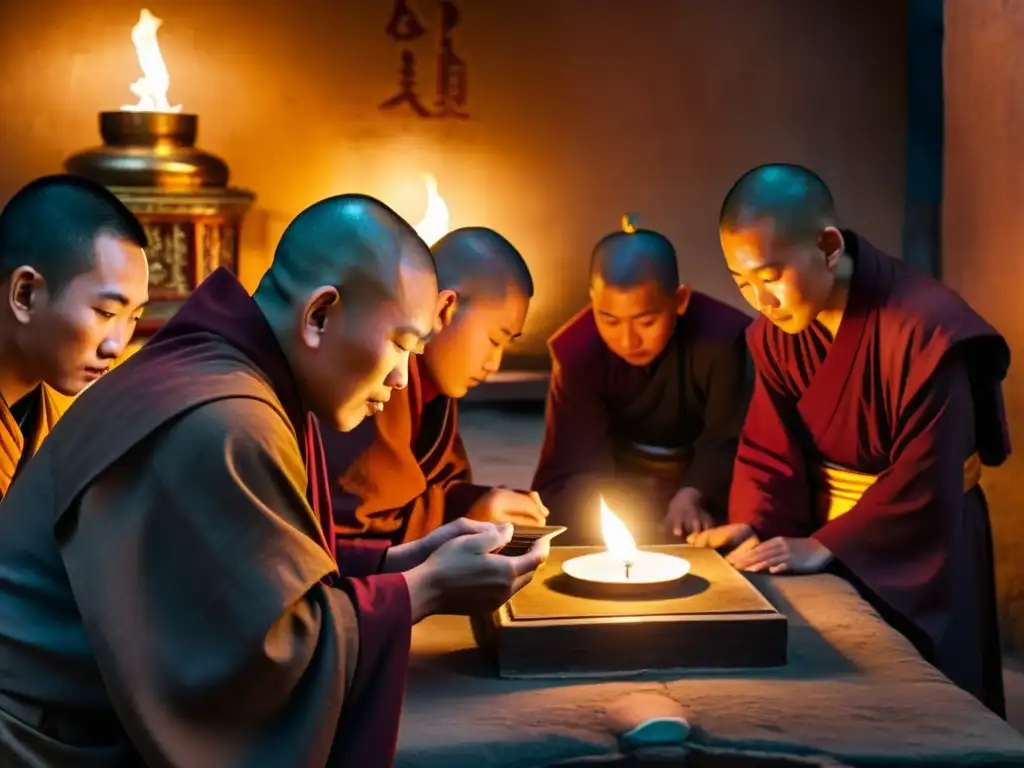 Monjes mongolas cuidadosamente manejan reliquia budista en templo iluminado por velas, reflejando Budismo en Mongolia durante comunismo