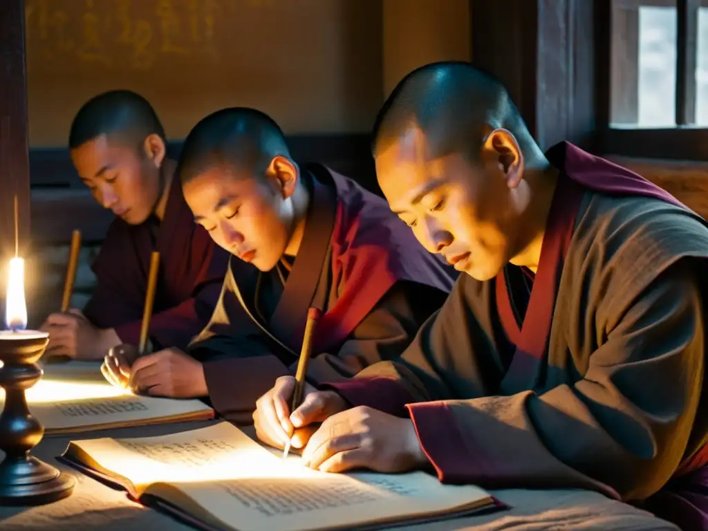 Monjes en túnicas mongolas preservando textos antiguos en una biblioteca iluminada por velas