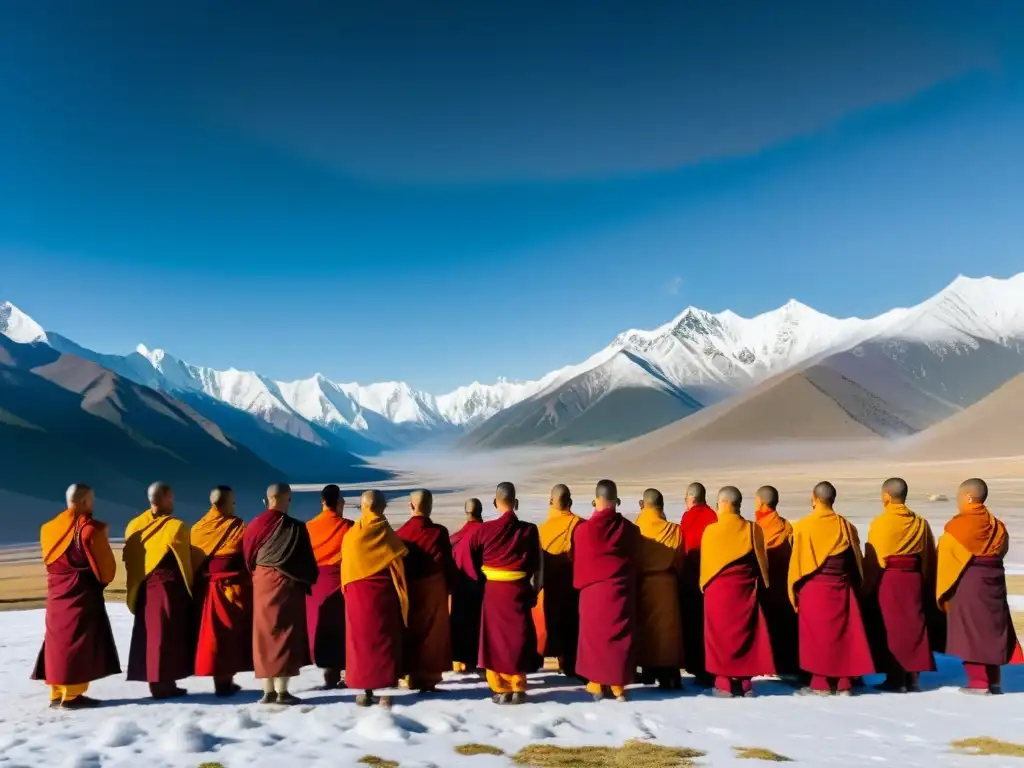 Monjes mongolas y tibetanos rezando en los Himalayas, con banderas de oración y picos nevados al fondo